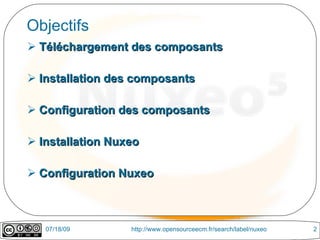 Objectifs
 Téléchargement des composants

 Installation des composants

 Configuration des composants

 Installation Nuxeo

 Configuration Nuxeo



   07/18/09       http://www.opensourceecm.fr/search/label/nuxeo   2
 