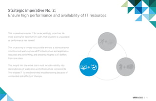 11
Strategic imperative No. 2:
Ensure high performance and availability of IT resources
This imperative requires IT to be exceedingly proactive. No
more waiting for reports from users that a system is unavailable
or performance has slowed.
This proactivity is simply not possible without a dashboard that
monitors and analyzes how all IT infrastructure and application
resources are performing, and presents insights to IT staffers
from one place.
This insight into the entire stack must include visibility into
dependencies of application and infrastructure components.
This enables IT to avoid extended troubleshooting because of
unintended side effects of changes.
 