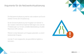 3
Argumente für die Netzwerkvirtualisierung
Die Netzwerkvirtualisierung wächst unter anderem auf Grund
anderer Formen der Virtualisierung.
Da die Servervirtualisierung nach Angaben von Gartner1
in
den meisten Unternehmen bald bei 50% liegen wird, sind die
IT-Abteilungen nun mit der schnellen Bereitstellung virtueller
Maschinen (VM) vertraut.
Plötzlich ist das Netzwerk zum Engpass geworden, zu einem
bedeutenden Engpass.
Und der IT wird vorgeworfen, die geschäftliche Agilität zu
behindern.
1
Shifting Roles in the Modern Data Center, Malcolm Rieke, InfoTech, 25. Juni 2014.
 