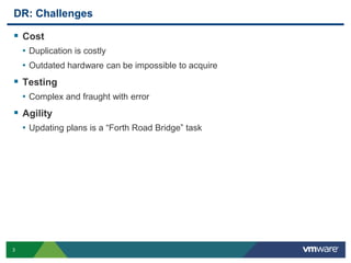 DR: Challenges

 Cost
    • Duplication is costly
    • Outdated hardware can be impossible to acquire
 Testing
    • Complex and fraught with error
 Agility
    • Updating plans is a “Forth Road Bridge” task




3
 