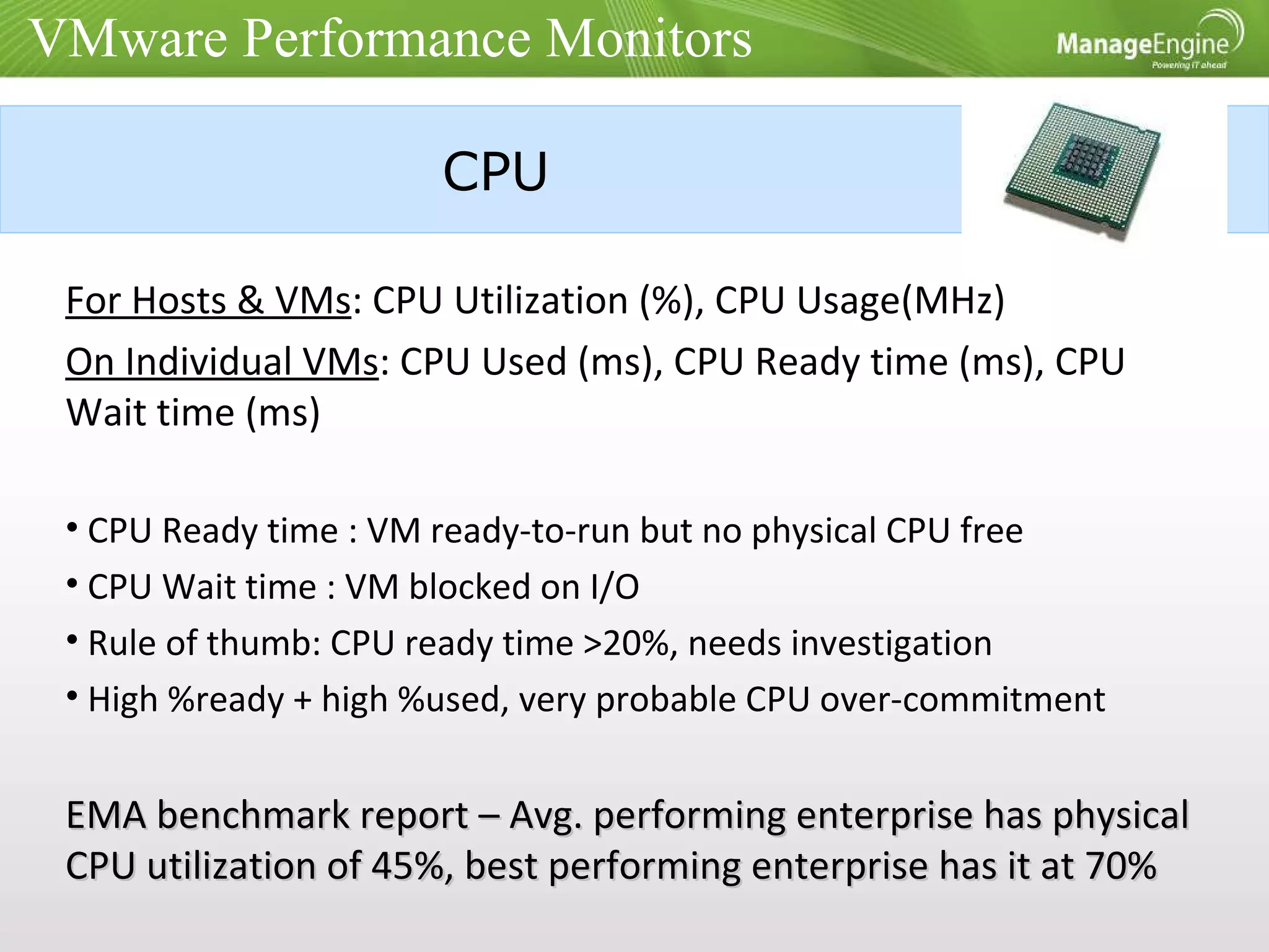 VMware Performance Monitors CPU For Hosts & VMs : CPU Utilization (%), CPU Usage(MHz)  On Individual VMs : CPU Used (ms), CPU Ready time (ms), CPU Wait time (ms) CPU Ready time : VM ready-to-run but no physical CPU free CPU Wait time : VM blocked on I/O Rule of thumb: CPU ready time >20%, needs investigation High %ready + high %used, very probable CPU over-commitment EMA benchmark report – Avg. performing enterprise has physical CPU utilization of 45%, best performing enterprise has it at 70% 