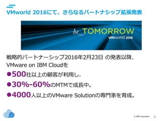 © IBM Corporation 21
text
VMworld 2016にて、さらなるパートナシップ拡張発表
戦略的パートナーシップ2016年2月23日 の発表以降、
VMware on IBM Cloudを
500社以上の顧客が利用し、
30%-60%のMTMで成長中。
4000人以上のVMware Solutionの専門家を育成。
 