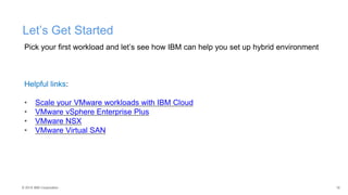 © 2015 IBM Corporation 19
Let’s Get Started
Pick your first workload and let’s see how IBM can help you set up hybrid environment
Helpful links:
• Scale your VMware workloads with IBM Cloud
• VMware vSphere Enterprise Plus
• VMware NSX
• VMware Virtual SAN
 