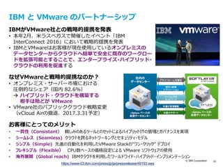 © IBM Corporation 10
IBM と VMware のパートナーシップ
IBMがVMware社との戦略的提携を発表
• 本年2月、米ラスベガスで開催したイベント「IBM
InterConnect 2016」において戦略的提携を発表
• IBMとVMwareはお客様が現在使用しているオンプレミスの
データセンターからクラウドへ簡単で安全に既存のワークロー
ドを拡張可能とすることで、エンタープライズ･ハイブリッド･
クラウドの利用を促進する
なぜVMwareと戦略的提携なのか？
• オンプレミス・サーバー市場における
圧倒的なシェア（国内 82.6%）
 ハイブリッド・クラウドを構築する
相手は殆どが VMware
• VMware社のパブリッククラウド戦略変更
（vCloud Airの撤退、2017.3.31予定）
お客様にとってのメリット
• 一貫性（Consistant） 親しみのあるツールとのセットによるハイブリッドITの管理とガバナンスを実現
• シームレス (Seamless) クラウドを跨るネットワーキングとセキュリティ・モデル
• シンプル（Simple) 先進の自動化を利用したVMware Stackの“ワン・クリック” デプロイ
• フレキシブル（Flexible） CPU数ベースの価格設定による VMware ソフトウェアの使用
• 海外展開 (Global reach) IBMクラウドを利用したワールドワイド・ハイブリッド・インプリメンテーション
https://www-03.ibm.com/press/jp/ja/pressrelease/49193.wss
 