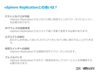 vSphere Replicationとの違いは？
テストリカバリが可能
vSphere Replicationではリカバリ時に仮想マシンがパワーオフになってい
る必要があります。
IPアドレスの自動変更
vSphere Replicationではリストア後に手動で変更する必要があります。
スクリプトの実行
あらかじめ作成しておいたスクリプトをリカバリ時に実行することができま
す。
仮想スイッチへの接続
vSphere Replicationでは接続がOFFでパワーオンされます。
フェイルバック
vSphere Replicationではもう一度逆向きのレプリケーションを再構築する
必要があります。
 