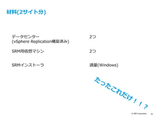 © IBM Corporation 42
材料(2サイト分)
データセンター
(vSphere Replication構築済み)
2つ
SRM用仮想マシン 2つ
SRMインストーラ 適量(Windows)
 