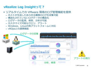 © IBM Corporation 56
vRealize Log Insightって？
 リアルタイムでの VMware 環境のログ管理機能を提供
– ホストが生成したあらゆる種類のログを収集可能
– 構造化されていないログデータの構造化
– ログデータの監視、検索、分析が可能
– カスタマイズ可能なクエリ、アラート
– Windows、Linuxの両プラットフォームに対応
– vROpsとの連携機能
ログデータの収集
分析、検索
アラートの発行
 