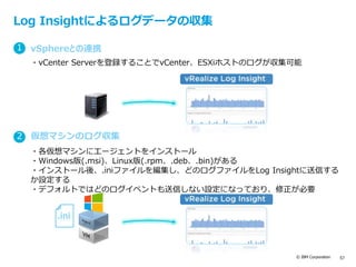 © IBM Corporation 57
Log Insightによるログデータの収集
vSphereとの連携1
・vCenter Serverを登録することでvCenter、ESXiホストのログが収集可能
仮想マシンのログ収集2
・各仮想マシンにエージェントをインストール
・Windows版(.msi)、Linux版(.rpm、.deb、.bin)がある
・インストール後、.iniファイルを編集し、どのログファイルをLog Insightに送信する
か設定する
・デフォルトではどのログイベントも送信しない設定になっており、修正が必要
.ini
 