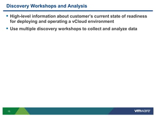 15
Discovery Workshops and Analysis
 High-level information about customer’s current state of readiness
for deploying and operating a vCloud environment
 Use multiple discovery workshops to collect and analyze data
 