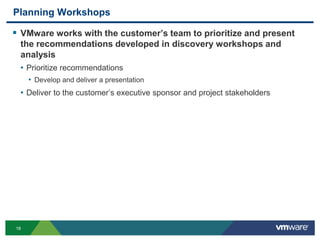 18
Planning Workshops
 VMware works with the customer’s team to prioritize and present
the recommendations developed in discovery workshops and
analysis
• Prioritize recommendations
• Develop and deliver a presentation
• Deliver to the customer’s executive sponsor and project stakeholders
 