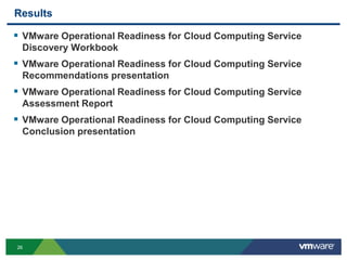 26
Results
 VMware Operational Readiness for Cloud Computing Service
Discovery Workbook
 VMware Operational Readiness for Cloud Computing Service
Recommendations presentation
 VMware Operational Readiness for Cloud Computing Service
Assessment Report
 VMware Operational Readiness for Cloud Computing Service
Conclusion presentation
 