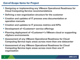 39
Out-of-Scope Items for Project
 Designing or implementing any VMware Operational Readiness for
Cloud Computing Service recommendations
 Defining a new organization structure for the customer
 Creation and updates of IT process area documentation or
operation manuals
 Creation and updates to IT process metrics and KPIs
 Development of <Customer> service offerings
 Planning deployment of <Customer>’s VMware cloud or supporting
vSphere environments
 Assessment of any VMware Operational Readiness for Cloud
Computing Service topic areas across more than one datacenter
 Assessment of any VMware Operational Readiness for Cloud
Computing Service topic areas across more than one IT
organization
 