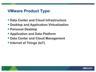 4 Confidential
VMware Product Type:
 Data Center and Cloud Infrastructure
 Desktop and Application Virtualization
 Personal Desktop
 Application and Data Platform
 Data Center and Cloud Management
 Internet of Things (IoT)
 