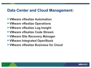 7 Confidential
Data Center and Cloud Management:
 VMware vRealize Automation
 VMware vRealize Operations
 VMware vRealize Log Insight
 VMware vRealize Code Stream
 VMware Site Recovery Manager
 VMware Integrated OpenStack
 VMware vRealize Business for Cloud
 