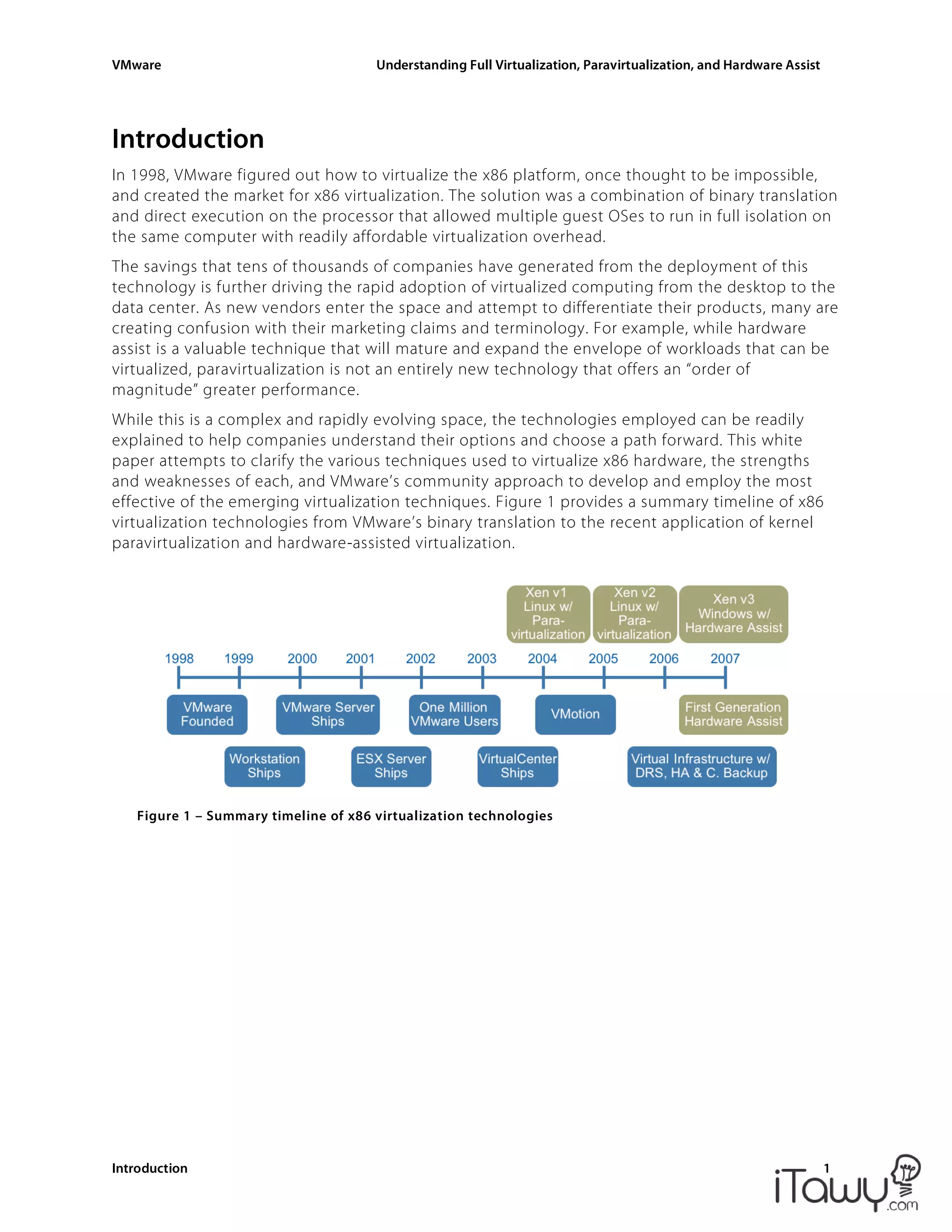 VMware Understanding Full Virtualization, Paravirtualization, and Hardware Assist
Introduction 1
Figure 1 – Summary timeline of x86 virtualization technologies
Introduction
In 1998, VMware figured out how to virtualize the x86 platform, once thought to be impossible,
and created the market for x86 virtualization. The solution was a combination of binary translation
and direct execution on the processor that allowed multiple guest OSes to run in full isolation on
the same computer with readily affordable virtualization overhead.
The savings that tens of thousands of companies have generated from the deployment of this
technology is further driving the rapid adoption of virtualized computing from the desktop to the
data center. As new vendors enter the space and attempt to differentiate their products, many are
creating confusion with their marketing claims and terminology. For example, while hardware
assist is a valuable technique that will mature and expand the envelope of workloads that can be
virtualized, paravirtualization is not an entirely new technology that offers an “order of
magnitude” greater performance.
While this is a complex and rapidly evolving space, the technologies employed can be readily
explained to help companies understand their options and choose a path forward. This white
paper attempts to clarify the various techniques used to virtualize x86 hardware, the strengths
and weaknesses of each, and VMware’s community approach to develop and employ the most
effective of the emerging virtualization techniques. Figure 1 provides a summary timeline of x86
virtualization technologies from VMware’s binary translation to the recent application of kernel
paravirtualization and hardware-assisted virtualization.
 