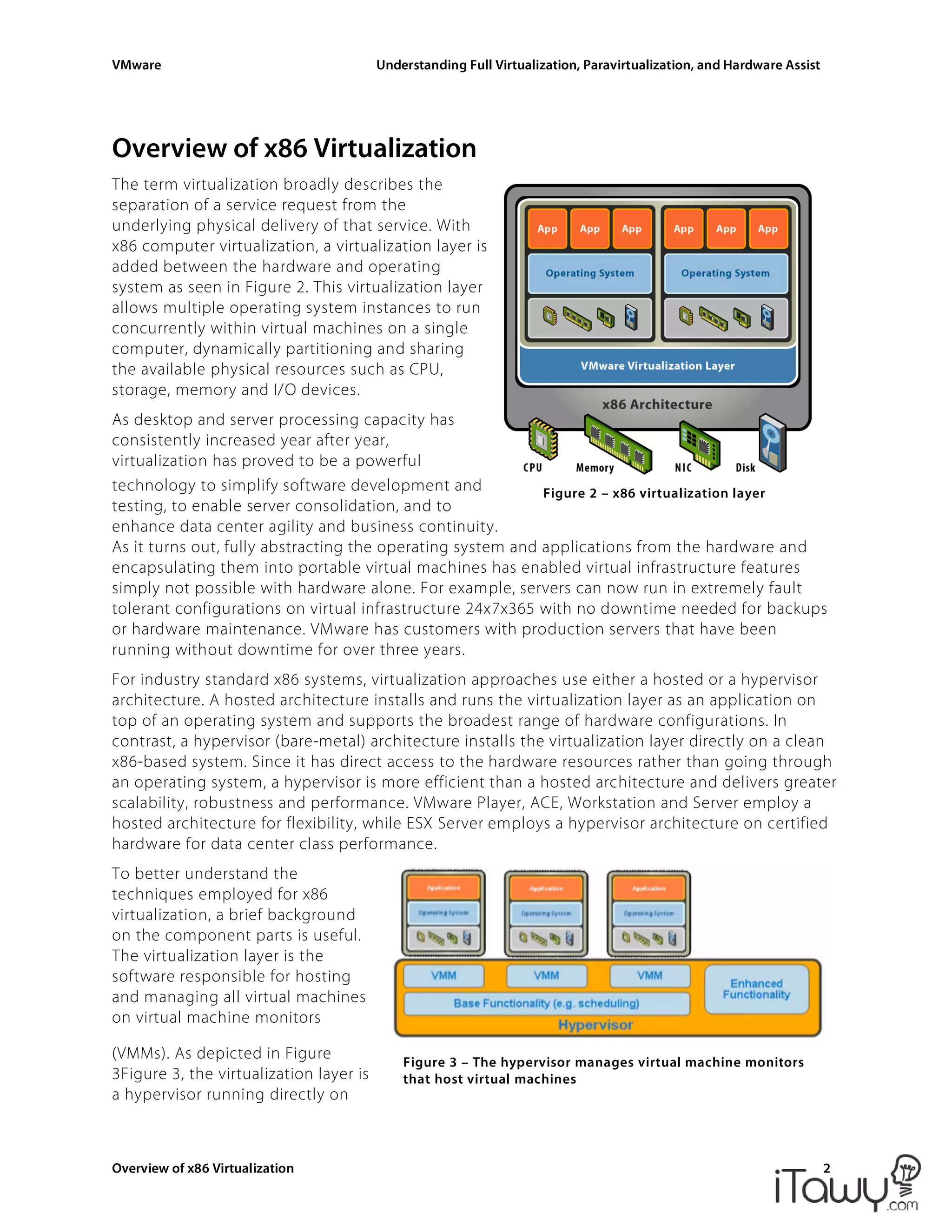 VMware Understanding Full Virtualization, Paravirtualization, and Hardware Assist
Overview of x86 Virtualization 2
Figure 2 – x86 virtualization layer
Figure 3 – The hypervisor manages virtual machine monitors
that host virtual machines
Overview of x86 Virtualization
The term virtualization broadly describes the
separation of a service request from the
underlying physical delivery of that service. With
x86 computer virtualization, a virtualization layer is
added between the hardware and operating
system as seen in Figure 2. This virtualization layer
allows multiple operating system instances to run
concurrently within virtual machines on a single
computer, dynamically partitioning and sharing
the available physical resources such as CPU,
storage, memory and I/O devices.
As desktop and server processing capacity has
consistently increased year after year,
virtualization has proved to be a powerful
technology to simplify software development and
testing, to enable server consolidation, and to
enhance data center agility and business continuity.
As it turns out, fully abstracting the operating system and applications from the hardware and
encapsulating them into portable virtual machines has enabled virtual infrastructure features
simply not possible with hardware alone. For example, servers can now run in extremely fault
tolerant configurations on virtual infrastructure 24x7x365 with no downtime needed for backups
or hardware maintenance. VMware has customers with production servers that have been
running without downtime for over three years.
For industry standard x86 systems, virtualization approaches use either a hosted or a hypervisor
architecture. A hosted architecture installs and runs the virtualization layer as an application on
top of an operating system and supports the broadest range of hardware configurations. In
contrast, a hypervisor (bare-metal) architecture installs the virtualization layer directly on a clean
x86-based system. Since it has direct access to the hardware resources rather than going through
an operating system, a hypervisor is more efficient than a hosted architecture and delivers greater
scalability, robustness and performance. VMware Player, ACE, Workstation and Server employ a
hosted architecture for flexibility, while ESX Server employs a hypervisor architecture on certified
hardware for data center class performance.
To better understand the
techniques employed for x86
virtualization, a brief background
on the component parts is useful.
The virtualization layer is the
software responsible for hosting
and managing all virtual machines
on virtual machine monitors
(VMMs). As depicted in Figure
3Figure 3, the virtualization layer is
a hypervisor running directly on
 