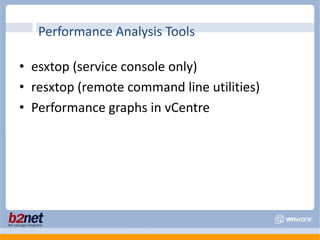 esxtop (service console only)resxtop (remote command line utilities)Performance graphs in vCentrePerformance Analysis Tools
