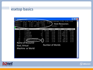 esxtop basicsHost ResourcesName of Resource Pool, Virtual Machine  or WorldNumber of Worlds