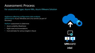 Assessment: Process
For assessment type: Azure VMs, Azure VMware Solution
Appliance collecting configuration data analyzes
performance of your Windows and Linux servers (as part of
discovery)
Perform assessments to determine
• Azure suitability (Readiness)
• Right-sized recommendations
• Cost estimates for various targets in Azure
 