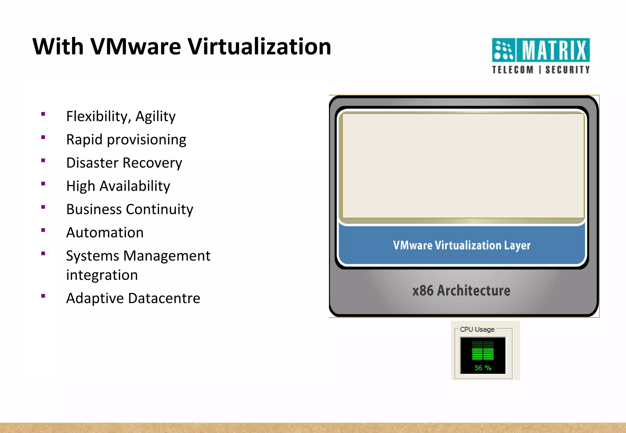  Flexibility, Agility
 Rapid provisioning
 Disaster Recovery
 High Availability
 Business Continuity
 Automation
 Systems Management
integration
 Adaptive Datacentre
With VMware Virtualization
 