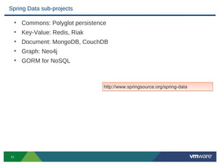Spring Data sub-projects

 •   Commons: Polyglot persistence
 •   Key-Value: Redis, Riak
 •   Document: MongoDB, CouchDB
 •   Graph: Neo4j
 •   GORM for NoSQL



                                 http://www.springsource.org/spring-data




31
 