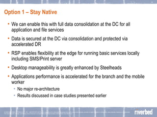 Option 1 – Stay Native We can enable this with full data consolidation at the DC for all application and file services  Data is secured at the DC via consolidation and protected via accelerated DR RSP enables flexibility at the edge for running basic services locally including SMS/Print server Desktop manageability is greatly enhanced by Steelheads Applications performance is accelerated for the branch and the mobile worker No major re-architecture Results discussed in case studies presented earlier 