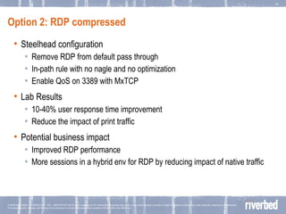 Option 2: RDP compressed  Steelhead configuration Remove RDP from default pass through In-path rule with no nagle and no optimization Enable QoS on 3389 with MxTCP Lab Results 10-40% user response time improvement Reduce the impact of print traffic Potential business impact Improved RDP performance More sessions in a hybrid env for RDP by reducing impact of native traffic 