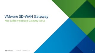 12
Confidential ©
│ 2018 VMware, Inc.
VMware SD-WAN Gateway
Also called Velocloud Gateway (VCG)
 