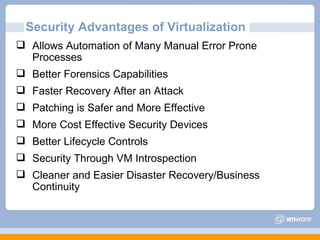 Security Advantages of Virtualization Allows Automation of Many Manual Error Prone Processes Better Forensics Capabilities Faster Recovery After an Attack Patching is Safer and More Effective More Cost Effective Security Devices Better Lifecycle Controls Security Through VM Introspection Cleaner and Easier Disaster Recovery/Business Continuity 