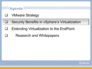 Agenda VMware Strategy Security Benefits in vSphere’s Virtualization Extending Virtualization to the EndPoint Research and Whitepapers 