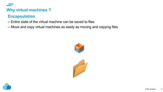 © IBM Corporation 6
Encapsulation
– Entire state of the virtual machine can be saved to files
– Move and copy virtual machines as easily as moving and copying files
Why virtual machines ?
 