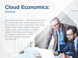 Once the application — and all that goes with
it — is separate from the infrastructure, you
can choose to run it in the cloud. That cloud
doesn’t have to be a private cloud or a
public cloud. You can deploy a hybrid
cloud for flexibility and manage it
as a single, unified cloud, using
the same people, processes,
and tool sets.
Cloud Economics:
Choice
 