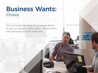 If IT can’t provide what the business wants
or give an equally viable option, the business
will purchase solutions externally.
Business Wants:
Choice
 