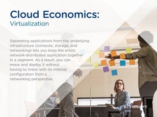 Separating applications from the underlying
infrastructure (compute, storage, and
networking) lets you keep the entire
network-distributed application together
in a segment. As a result, you can
move and deploy it without
having to tinker with its internal
configuration from a
networking perspective.
Cloud Economics:
Virtualization
 