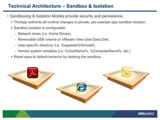 Technical Architecture – Sandbox & Isolation
• Sandboxing & Isolation Modes provide security and persistence.
   ThinApp redirects all runtime changes to private, per-user/per-app sandbox location.
   Sandbox location is configurable:
    - Network share (i.e. Home Drives).
    - Removable USB volume or VMware View User Data Disk.
    - User-specific directory (i.e. %appdata%thinstall).
    - Honors system variables (i.e. %UserName%, %ComputerName%, etc.)
   Reset apps to default behavior by deleting the sandbox.
 