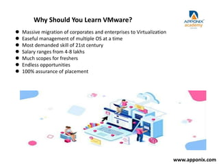 Why Should You Learn VMware?
 Massive migration of corporates and enterprises to Virtualization
 Easeful management of multiple OS at a time
 Most demanded skill of 21st century
 Salary ranges from 4-8 lakhs
 Much scopes for freshers
 Endless opportunities
 100% assurance of placement
www.apponix.com
 