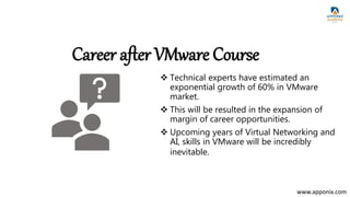Career after VMware Course
 Technical experts have estimated an
exponential growth of 60% in VMware
market.
 This will be resulted in the expansion of
margin of career opportunities.
 Upcoming years of Virtual Networking and
AI, skills in VMware will be incredibly
inevitable.
www.apponix.com
 