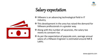Salary expectation
 VMware is an advancing technological field in IT
industry.
 This development in the area has raised the demand for
VMware professionals in a greater way.
 Along with the number of vacancies, the salary too
meets its constant rise.
 As per the expectation of payscale.com, average annual
salary of a VMware Engineer is estimated around INR 8
Lakhs.
www.apponix.com
 