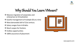 Why Should You Learn VMware?
 Massive migration of corporates and
enterprises to Virtualization
 Easeful management of multiple OS at a time
 Most demanded skill of 21st century
 Salary ranges from 4-8 lakhs
 Much scopes for freshers
 Endless opportunities
 100% assurance of placement
www.apponix.com
 