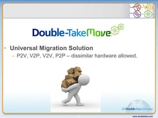 Universal Migration Solution P2V, V2P, V2V, P2P – dissimilar hardware allowed. www.doubletake.com 