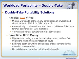 Workload Portability – Double-Take Double-Take Portability Solutions Physical  Virtual Migrate workloads between any combination of physical and virtual servers:  P2P, P2V, V2V, and V2P Automatically provision virtual machines on VMWare ESX hosts for P2V conversion or V2V migration “ Physicalize” virtual servers with V2P conversions Save Time, Save Money Migrate data during normal business hours and perform fast migrations within minutes instead of hours Eliminate costly downtime of business critical servers during migration or conversion Consolidate and virtualize quickly and efficiently  www.doubletake.com 