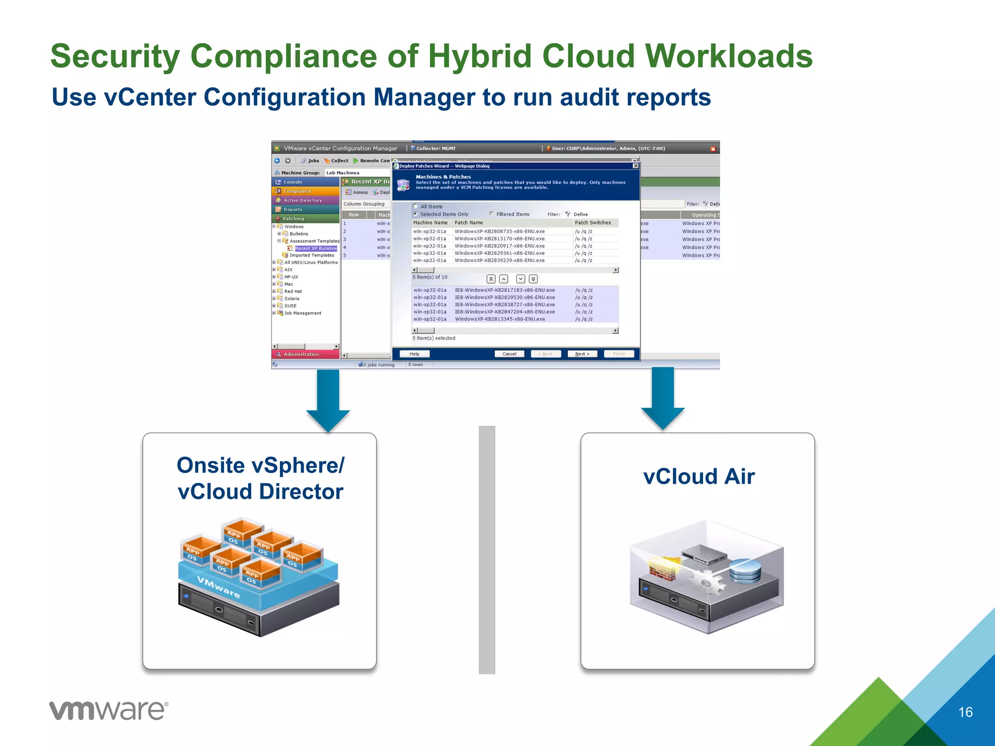 Security Compliance of Hybrid Cloud Workloads
vCloud Air
Onsite vSphere/
vCloud Director
Use vCenter Configuration Manager to run audit reports
16
 
