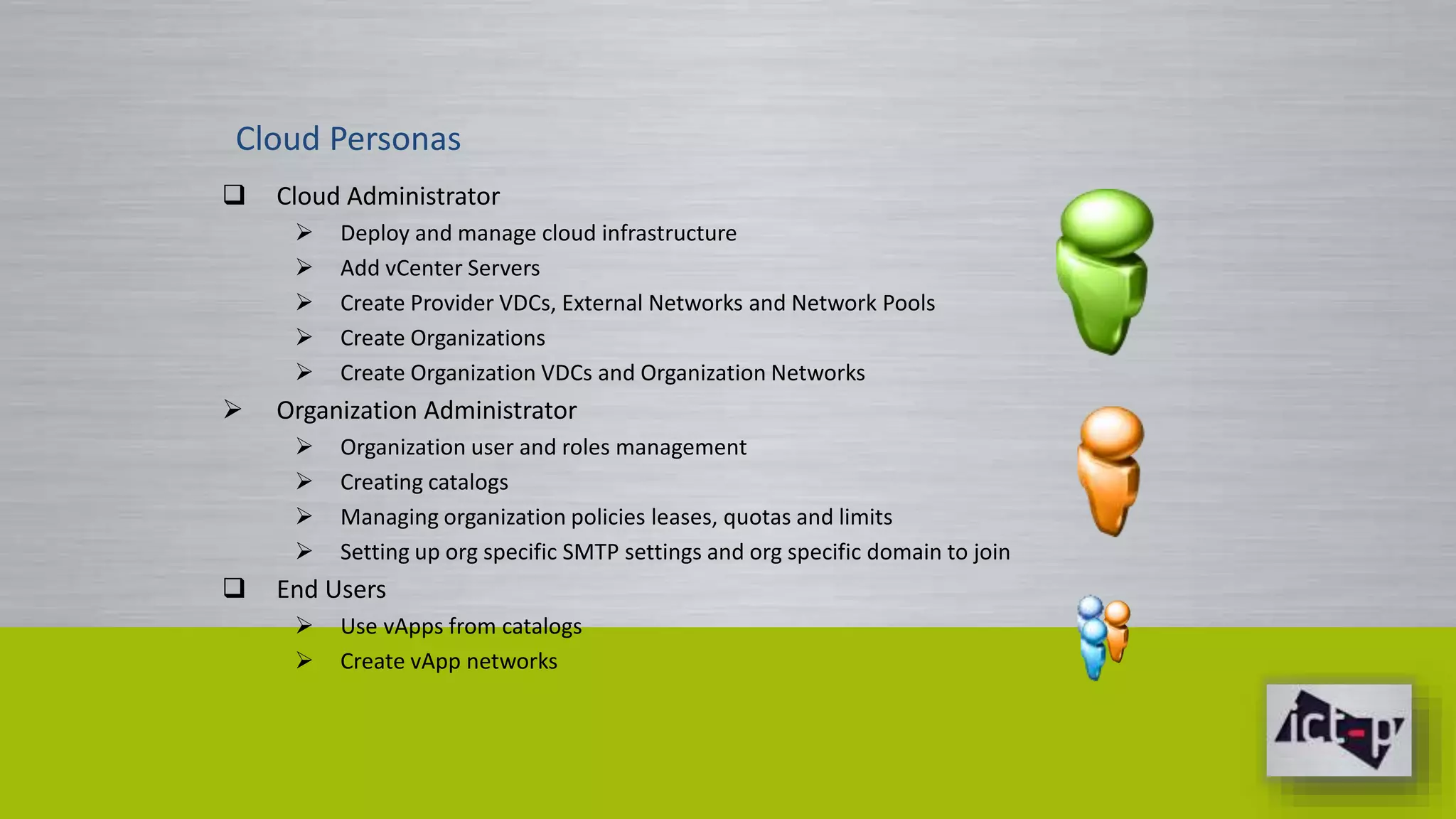 Cloud Personas 
 Cloud Administrator 
 Deploy and manage cloud infrastructure 
 Add vCenter Servers 
 Create Provider VDCs, External Networks and Network Pools 
 Create Organizations 
 Create Organization VDCs and Organization Networks 
 Organization Administrator 
 Organization user and roles management 
 Creating catalogs 
 Managing organization policies leases, quotas and limits 
 Setting up org specific SMTP settings and org specific domain to join 
 End Users 
 Use vApps from catalogs 
 Create vApp networks 
 