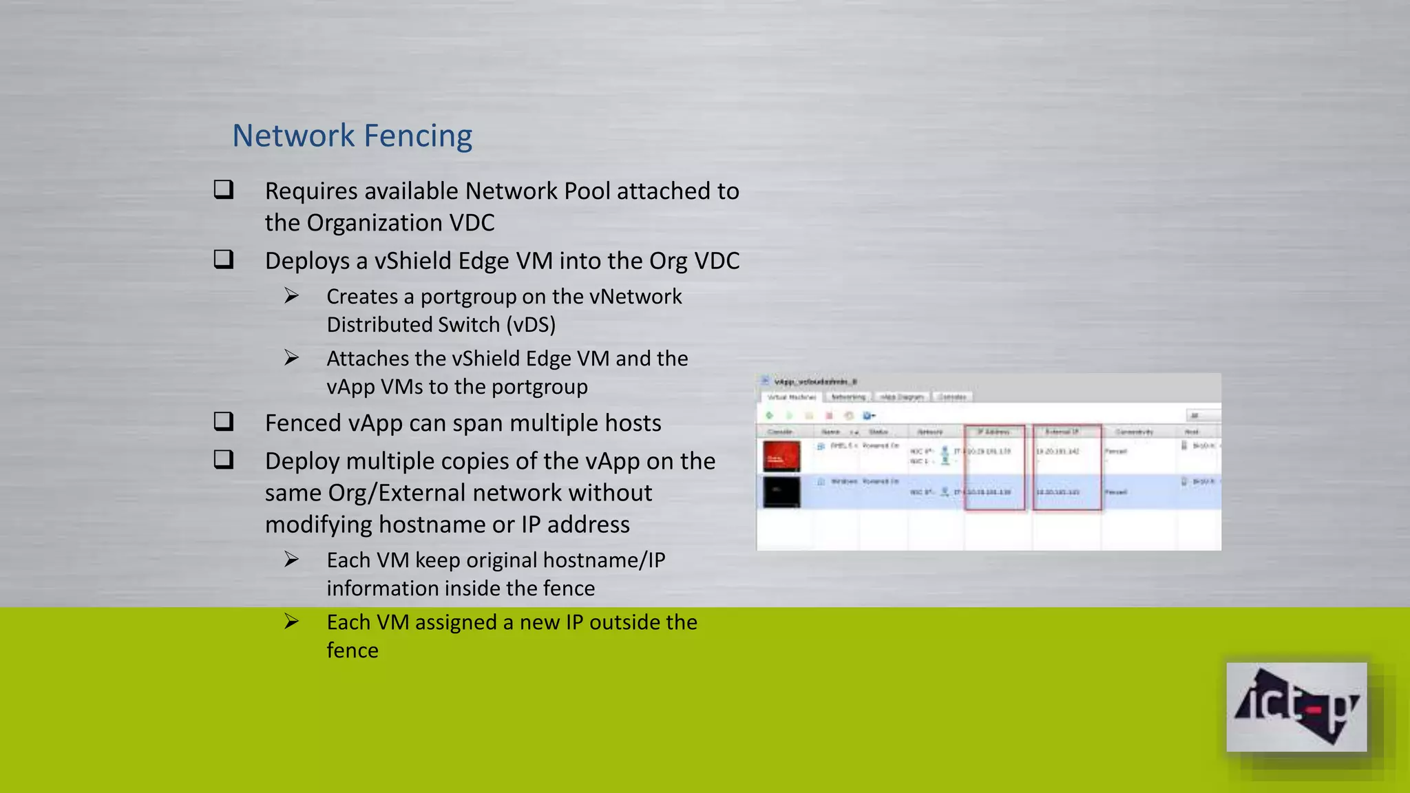 Network Fencing 
 Requires available Network Pool attached to 
the Organization VDC 
 Deploys a vShield Edge VM into the Org VDC 
 Creates a portgroup on the vNetwork 
Distributed Switch (vDS) 
 Attaches the vShield Edge VM and the 
vApp VMs to the portgroup 
 Fenced vApp can span multiple hosts 
 Deploy multiple copies of the vApp on the 
same Org/External network without 
modifying hostname or IP address 
 Each VM keep original hostname/IP 
information inside the fence 
 Each VM assigned a new IP outside the 
fence 
 
