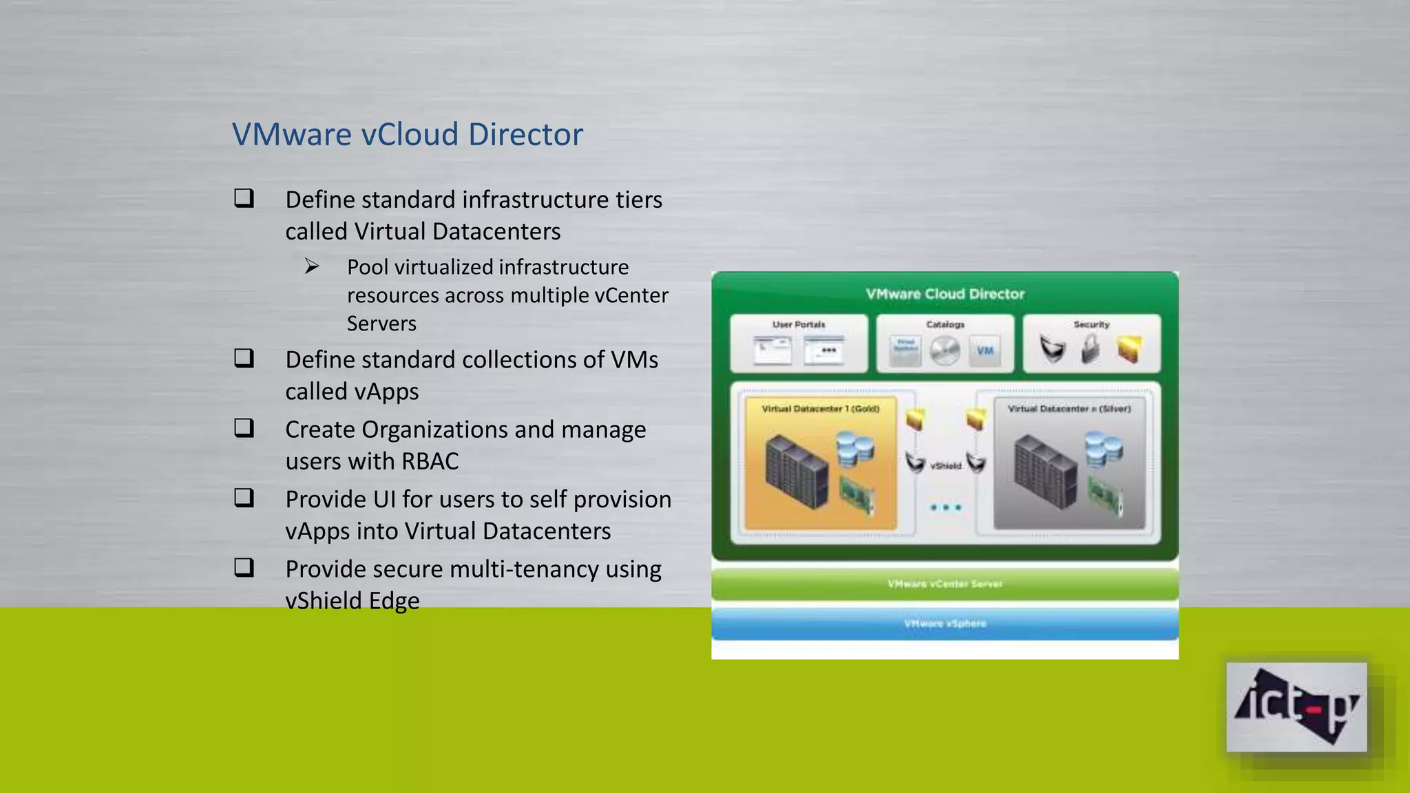 VMware vCloud Director 
 Define standard infrastructure tiers 
called Virtual Datacenters 
 Pool virtualized infrastructure 
resources across multiple vCenter 
Servers 
 Define standard collections of VMs 
called vApps 
 Create Organizations and manage 
users with RBAC 
 Provide UI for users to self provision 
vApps into Virtual Datacenters 
 Provide secure multi-tenancy using 
vShield Edge 
 