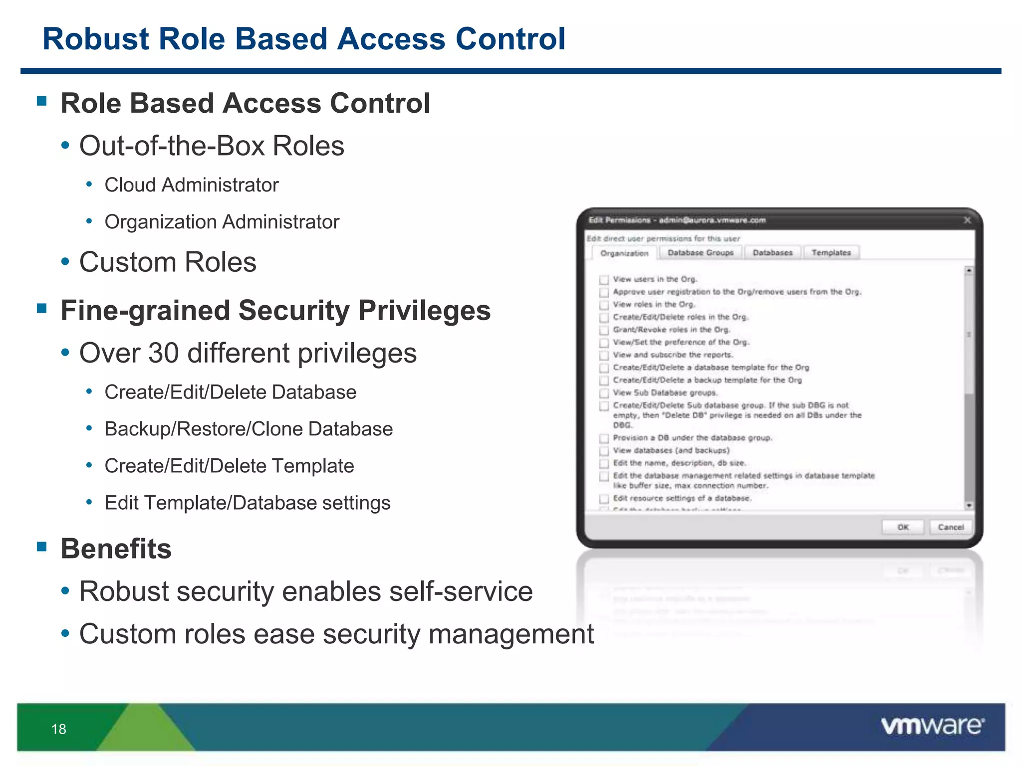 Just in time ProvisioningDatabase provisioning and configuration can take weeks, slowing innovation cycles.  Solution: Self-Service ProvisioningProvision fully configured databases in minutesTemplates guarantee proper configurationEasy to use web interfacePoint and clickNo database expertise neededBenefitsFaster development cyclesMore time on coding, less time on waitingIT controls policies, configuration, & resource consumption