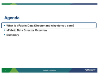 AgendaVMware ConfidentialWhat is vFabric Data Director and why do you care? vFabric Data Director OverviewSummary