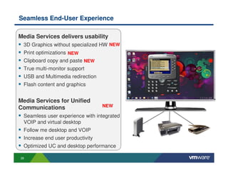 Seamless End-User Experience

Media Services delivers usability
 3D Graphics without specialized HW NEW
 Print optimizations NEW
 Clipboard copy and paste NEW
 True multi-monitor support
 USB and Multimedia redirection
 Flash content and graphics


Media Services for Unified
Communications                    NEW

 Seamless user experience with integrated
 VOIP and virtual desktop
 Follow me desktop and VOIP
 Increase end user productivity
 Optimized UC and desktop performance

28
 