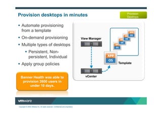 Provision
Provision desktops in minutes                                                                         Desktops


   Automate provisioning
   from a template
   On-demand provisioning                                                         View Manager

   Multiple types of desktops
              Persistent, Non-
              persistent, Individual
   Apply group policies                                                                          Template



  Banner Health was able to                                                         vCenter
   provision 2600 users in
       under 10 days.




Copyright © 2009 VMware Inc. All rights reserved. Confidential and proprietary.
 