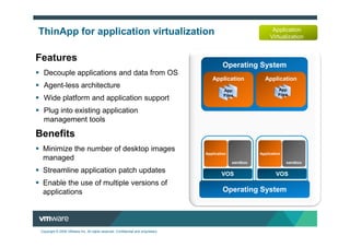 ThinApp for application virtualization                                                                           Application
                                                                                                                Virtualization


Features
                                                                                            Operating System
  Decouple applications and data from OS
                                                                                      Application            Application
  Agent-less architecture                                                                                           App
                                                                                            App
                                                                                            Files                   Files
  Wide platform and application support
  Plug into existing application
  management tools

Benefits
  Minimize the number of desktop images
                                                                                   Application             Application
  managed                                                                                        sandbox                 sandbox

  Streamline application patch updates                                                     VOS                     VOS
  Enable the use of multiple versions of
  applications                                                                              Operating System




 Copyright © 2009 VMware Inc. All rights reserved. Confidential and proprietary.
 
